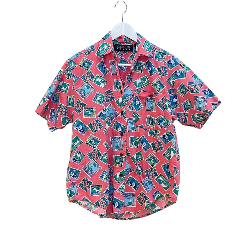 Vintage 80s Chaus Size S Pink Colorful Tropical Stamps Novelty Button Up Shirt